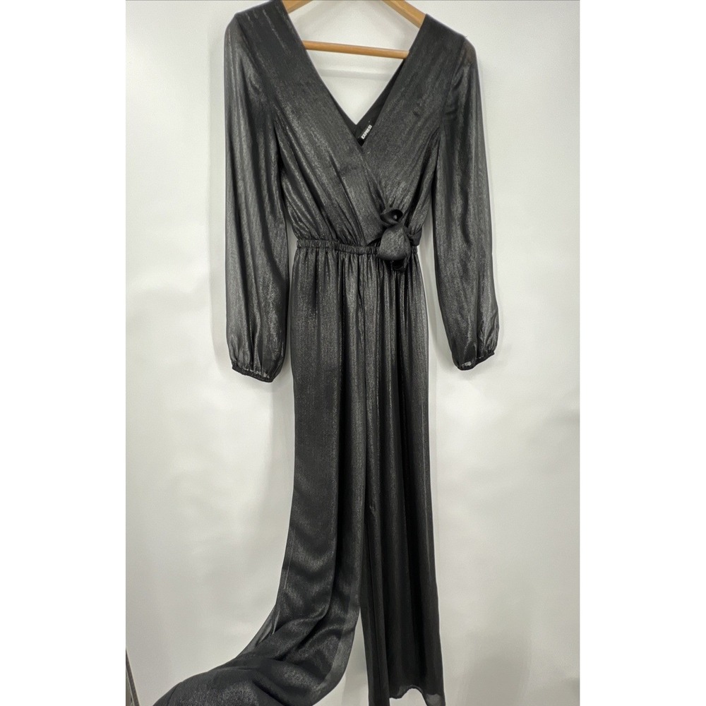 Womens Metallic Black Balloon Sleeve Wide Leg Jumpsuit XXS Whimsigoth Devilcore